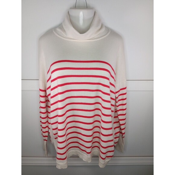 Vineyard Vines Striped Cowl Neck Sweater Large Ivory Red Merino Wool Blend EUC - Picture 1 of 6